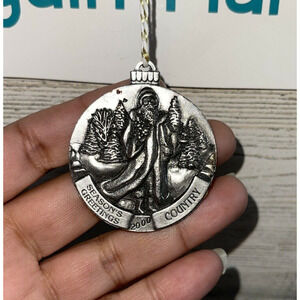 2000 Country Promotional Pewter Christmas Ornament 1.75" Seasons Greetings B#6